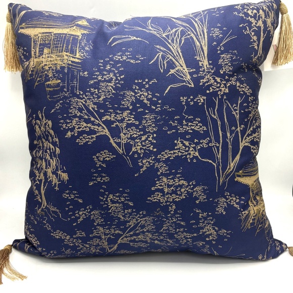 Set of Two (2) Handmade 16" Polished Cotton Throw Pillows with Gold Tassels - Picture 5 of 9